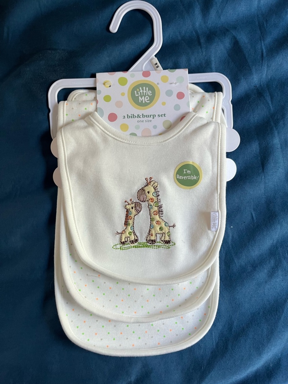 Little Me Cream Reversible Giraffe Bib Set with Polka Dot Accents